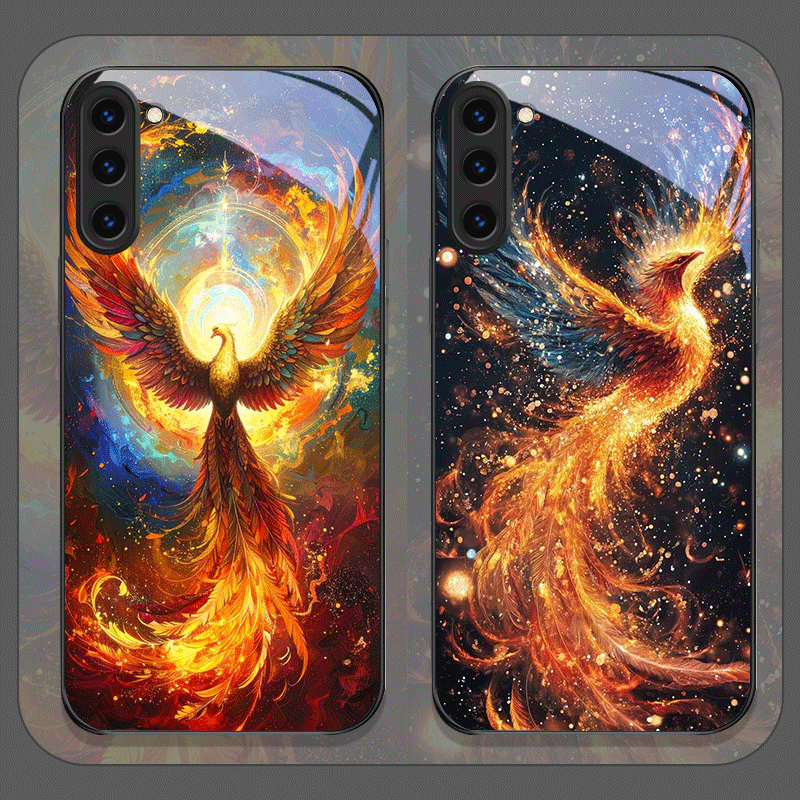 Phone Cases Samsung S24 - 미학적인 불사조 깃털 패턴 강화유리 폰